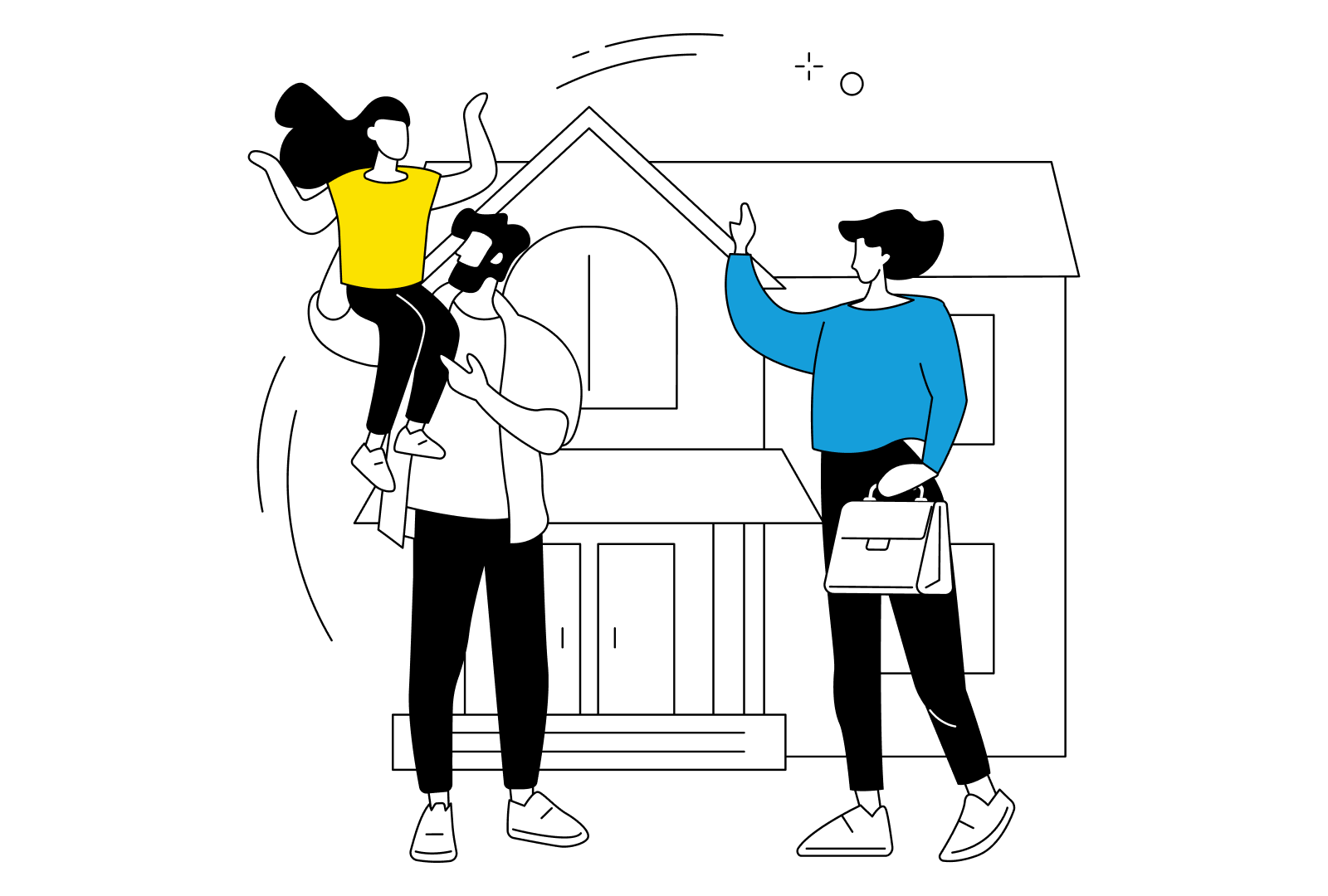 Due genitori e la loro bambina di salutano fuori casa.